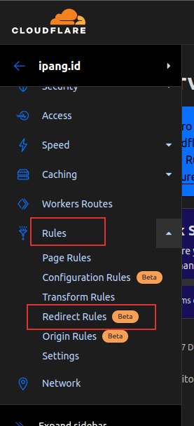 Redirect Rules Menu Location
