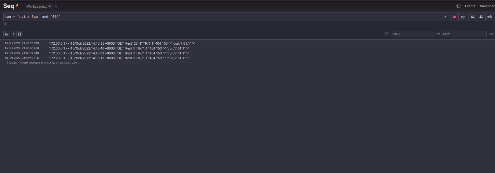 Test Log Filter, Search 404 Status with &rsquo;nginx-log&rsquo; tag