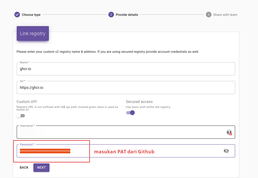 Pilih ‘Registry v2’ & Masukan ghcr.io di URL