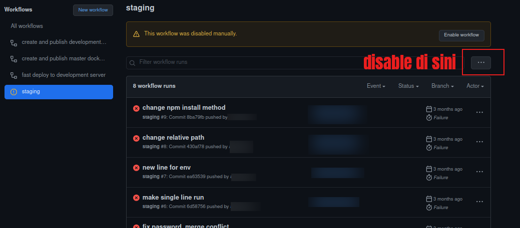 Disable Workflows di Repo