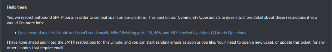 Linode Block SMTP Port