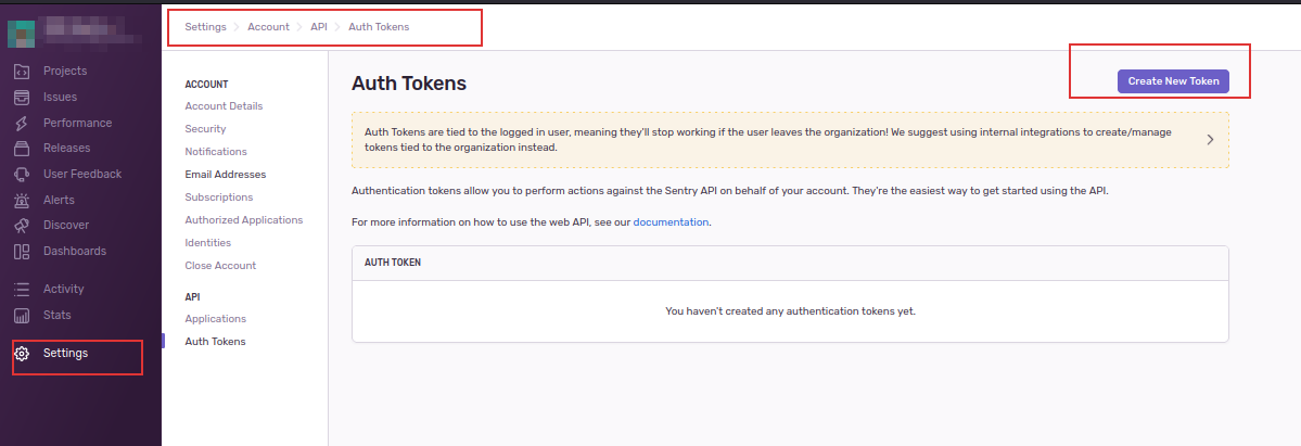 Create a New Token at Sentry